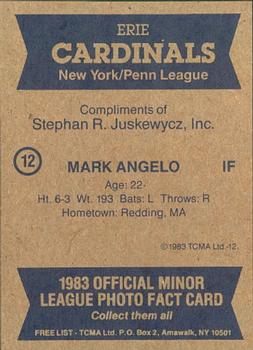 1983 TCMA Erie Cardinals #12 Mark Angelo Back