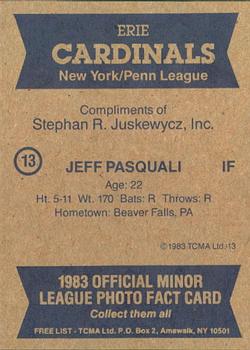 1983 TCMA Erie Cardinals #13 Jeff Pasquale Back