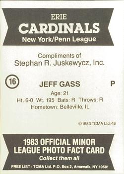 1983 TCMA Erie Cardinals #16 Jeff Gass Back
