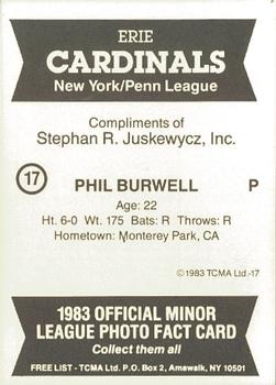 1983 TCMA Erie Cardinals #17 Phil Burwell Back