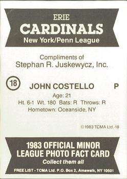 1983 TCMA Erie Cardinals #18 John Costello Back
