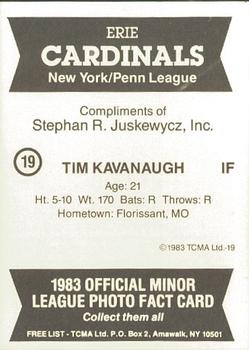 1983 TCMA Erie Cardinals #19 Tim Kavanaugh Back