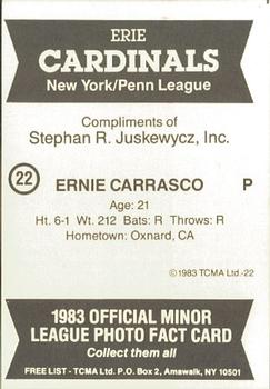 1983 TCMA Erie Cardinals #22 Ernie Carrasco Back