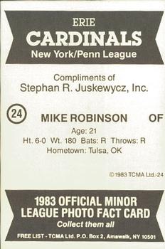 1983 TCMA Erie Cardinals #24 Mike Robinson Back