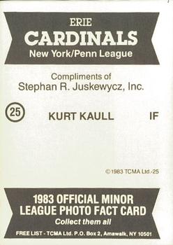 1983 TCMA Erie Cardinals #25 Kurt Kaull Back