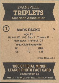 1983 TCMA Evansville Triplets #1 Mark Dacko Back