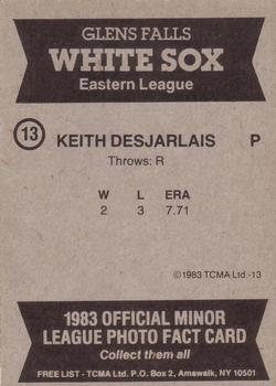 1983 TCMA Glen Falls White Sox #13 Keith Desjarlais Back