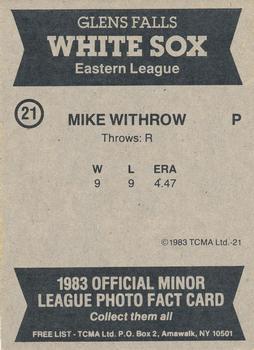 1983 TCMA Glen Falls White Sox #21 Mike Withrow Back