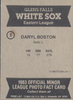 1983 TCMA Glen Falls White Sox #1 Daryl Boston Back
