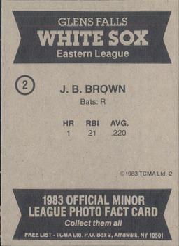 1983 TCMA Glen Falls White Sox #2 J.B. Brown Back