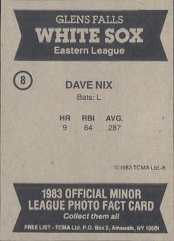 1983 TCMA Glen Falls White Sox #8 Dave Nix Back