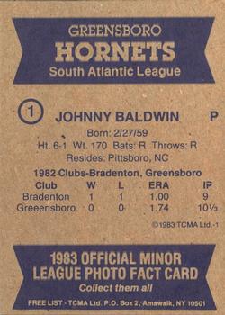 1983 TCMA Greensboro Hornets #1 Johnny Baldwin Back