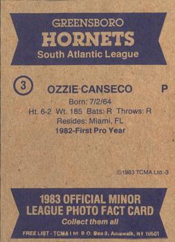 1983 TCMA Greensboro Hornets #3 Ozzie Canseco Back