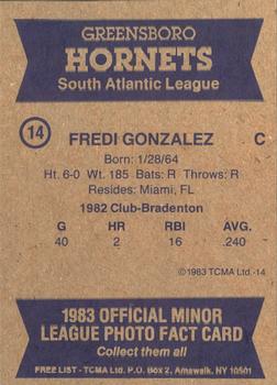 1983 TCMA Greensboro Hornets #14 Fredi Gonzalez Back