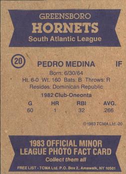 1983 TCMA Greensboro Hornets #20 Pedro Medina Back