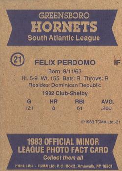 1983 TCMA Greensboro Hornets #21 Felix Perdomo Back