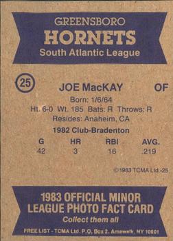1983 TCMA Greensboro Hornets #25 Joe Mackay Back