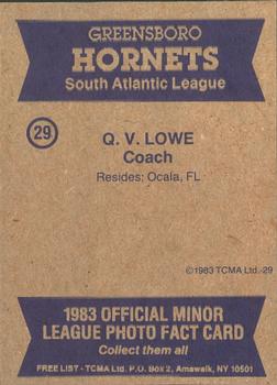 1983 TCMA Greensboro Hornets #29 Q.V. Lowe Back