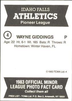 1983 TCMA Idaho Falls Athletics #4 Wayne Giddings Back