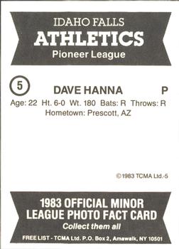 1983 TCMA Idaho Falls Athletics #5 Dave Hanna Back