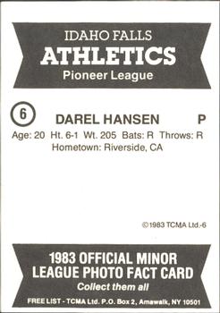 1983 TCMA Idaho Falls Athletics #6 Darel Hansen Back
