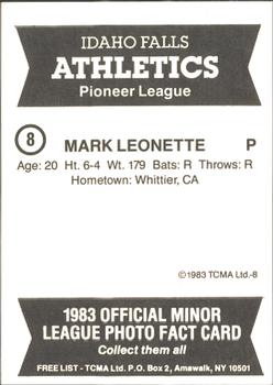 1983 TCMA Idaho Falls Athletics #8 Mark Leonette Back