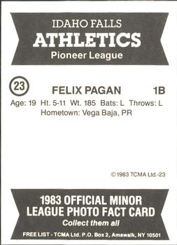 1983 TCMA Idaho Falls Athletics #23 Felix Pagan Back