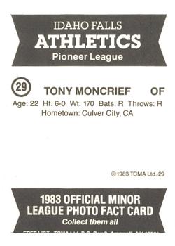 1983 TCMA Idaho Falls Athletics #29 Tony Moncrief Back
