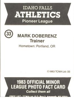 1983 TCMA Idaho Falls Athletics #33 Mark Doberenz Back