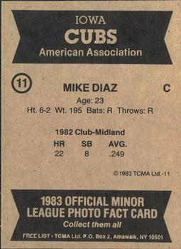 1983 TCMA Iowa Cubs #11 Mike Diaz Back