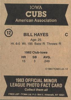 1983 TCMA Iowa Cubs #12 Bill Hayes Back