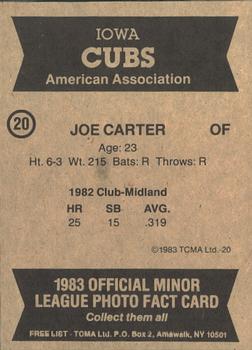 1983 TCMA Iowa Cubs #20 Joe Carter Back