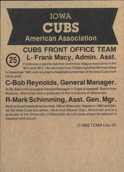 1983 TCMA Iowa Cubs #25 Front Office Team Back