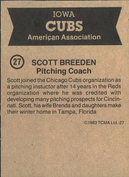 1983 TCMA Iowa Cubs #27 Scott Breeden Back