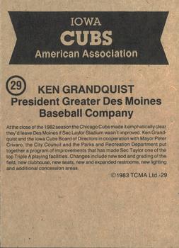 1983 TCMA Iowa Cubs #29 Ken Grandquist Back