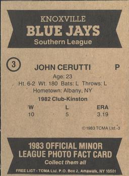 1983 TCMA Knoxville Blue Jays #3 John Cerutti Back