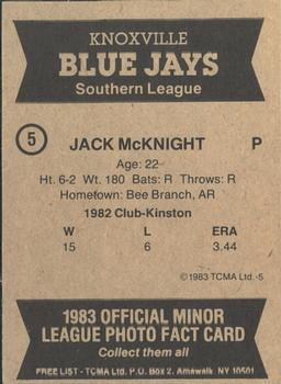 1983 TCMA Knoxville Blue Jays #5 Jack McKnight Back
