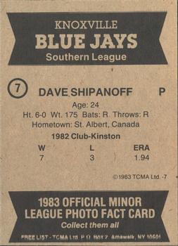 1983 TCMA Knoxville Blue Jays #7 Dave Shipanoff Back