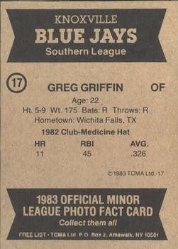 1983 TCMA Knoxville Blue Jays #17 Greg Griffin Back