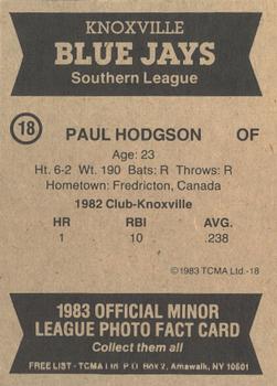 1983 TCMA Knoxville Blue Jays #18 Paul Hodgson Back