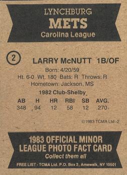 1983 TCMA Lynchburg Mets #2 Larry McNutt Back
