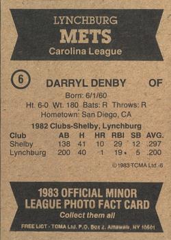 1983 TCMA Lynchburg Mets #6 Darryl Denby Back