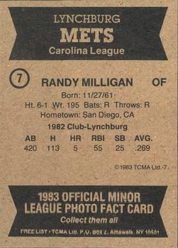 1983 TCMA Lynchburg Mets #7 Randy Milligan Back