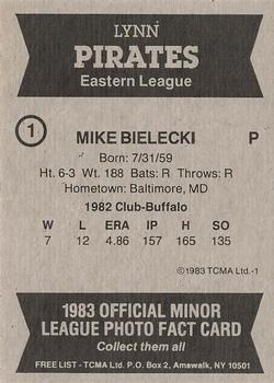 1983 TCMA Lynn Pirates #1 Mike Bielecki Back