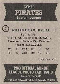 1983 TCMA Lynn Pirates #2 Wilfrido Cordoba Back