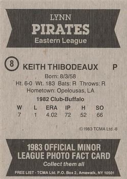 1983 TCMA Lynn Pirates #8 Keith Thibodeaux Back