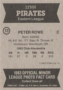 1983 TCMA Lynn Pirates #13 Peter Rowe Back