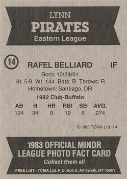1983 TCMA Lynn Pirates #14 Rafael Belliard Back