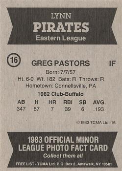 1983 TCMA Lynn Pirates #16 Greg Pastors Back