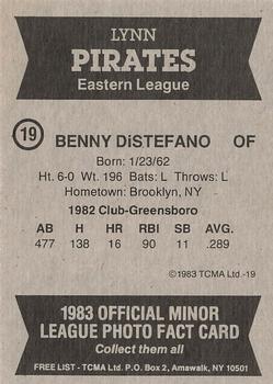 1983 TCMA Lynn Pirates #19 Benny Distefano Back